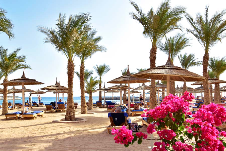 En strand med parasoll i Egypten